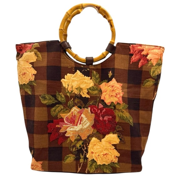 Cynthia Hart Los Angeles Handbags - Cynthia Hart Los Angeles Floral Plaid Tote Bag Purse Bamboo Handles Gold Brown